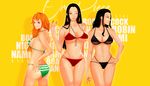  3girls ass bikini black_hair blue_eyes boa_hancock breasts brown_eyes cleavage curvy hips large_breasts long_hair multiple_girls nail_polish nami_(one_piece) navel nico_robin one_piece red_nails sideboob stomach text thighs together yellow_background 