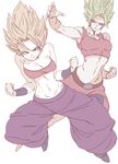  bare_shoulders black_eyes blonde_hair breasts caulifla dragon_ball dragon_ball_super earrings highres jewelry kale_(dragon_ball) looking_at_viewer medium_breasts midriff multiple_girls muscle muscular_female navel pants purple_pants smile spiked_hair strapless super_saiyan tasaka_shinnosuke tubetop white_background 