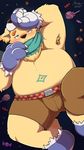  2017 anthro belly blush canine clothed clothing costume cusith digital_drawing_(artwork) digital_media_(artwork) dog front_view fur hair halloween hi_res holidays looking_at_viewer lying mabit male mammal navel on_back overweight scar scarf slightly_chubby smile solo spread_legs spreading thick_thighs tokyo_afterschool_summoners topless video_games wolf 