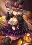  alternate_costume arm_garter bambi_nano breasts broom broom_riding choker cleavage collar dated demon_tail fate/grand_order fate_(series) frilled_skirt frills fur_trim halloween halloween_costume hat highres jack-o'-lantern jeanne_d'arc_(alter)_(fate) jeanne_d'arc_(fate)_(all) large_breasts looking_at_viewer navel navel_cutout pumpkin signature silver_hair skirt smirk solo tail thighhighs witch witch_hat yellow_eyes 