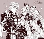  camilla_(fire_emblem_if) cape closed_eyes elise_(fire_emblem_if) family female_my_unit_(fire_emblem_if) fire_emblem fire_emblem_if gloves greyscale hairband leon_(fire_emblem_if) long_hair marks_(fire_emblem_if) monochrome my_unit_(fire_emblem_if) short_hair twintails wani_(fadgrith) 
