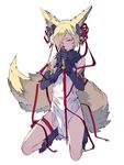  animal_ears backless_outfit barefoot cosplay crossdressing dress elbow_gloves erune fox_ears gloves granblue_fantasy hair_ornament hair_ribbon kneeling kou_(granblue_fantasy) long_hair male_focus off_shoulder ribbon sword tail weapon yellow_eyes yuel_(granblue_fantasy) yuel_(granblue_fantasy)_(cosplay) 