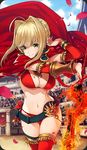  aestus_estus ahoge battle_olympia belt bikini blonde_hair breasts cape cleavage colosseum commentary craft_essence detached_sleeves fate/grand_order fate_(series) green_eyes hair_bun imigimuru large_breasts navel nero_claudius_(fate) nero_claudius_(fate)_(all) official_art red_bikini red_legwear solo swimsuit sword thighhighs weapon 