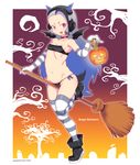  bat_wings bikini black_bikini black_footwear black_hair blush breasts broom broom_riding choker elbow_gloves fake_horns forehead full_body giant_penguin_(kemono_friends) gloves grave grey_hair halloween happy_halloween headphones jack-o'-lantern kemono_friends long_hair looking_at_viewer micro_bikini mudou_eichi multicolored_hair navel open_mouth red_eyes side-tie_bikini silver_hair skull small_breasts smile solo striped striped_gloves striped_legwear swimsuit tail thighhighs very_long_hair wings 