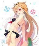  adapted_costume anchor arched_back arms_at_sides ass bangs bare_arms bare_back bare_legs bare_shoulders bikini black_bikini black_ribbon blonde_hair blush braid breasts eyebrows_visible_through_hair fang flip-flops french_braid from_behind gradient_hair hair_ornament hair_ribbon hairclip kantai_collection leg_up lifebuoy long_hair looking_back looking_to_the_side multicolored_hair pink_hair red_eyes remodel_(kantai_collection) ribbon sailor_bikini sailor_collar sandals scarf small_breasts solo standing standing_on_one_leg steering_wheel swimsuit takei_ooki tareme thighs twitter_username very_long_hair white_scarf yuudachi_(kantai_collection) 