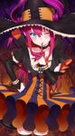  bangs black_legwear blue_eyes blush capelet closed_mouth commentary_request cowboy_shot detached_sleeves elizabeth_bathory_(fate) elizabeth_bathory_(fate)_(all) elizabeth_bathory_(halloween)_(fate) fate/grand_order fate_(series) finger_to_mouth flat_chest hair_between_eyes halloween hand_on_hip hat highres horns index_finger_raised long_hair looking_at_viewer nezumidoshi purple_hair shushing sidelocks skirt smile solo striped thighhighs tsurime vertical-striped_skirt vertical_stripes witch_hat 