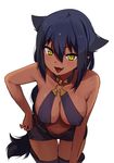  absurdres bare_shoulders black_hair breasts collarbone commentary_request covered_nipples dark_skin eyebrows_visible_through_hair fang gem hair_between_eyes hand_on_hip hand_on_own_knee highres jahy jahy_sama_wa_kujikenai konbu_wakame leaning_forward long_hair looking_at_viewer medium_breasts navel o-ring o-ring_top official_art open_mouth pointy_ears shorts simple_background solo thigh_gap tongue tongue_out white_background yellow_eyes 