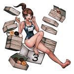  asahina_aoi bare_shoulders barefoot black_swimsuit blue_eyes breasts brown_hair character_name cleavage danganronpa danganronpa_1 doughnut eating floating_hair food full_body komatsuzaki_rui long_hair looking_at_viewer medium_breasts non-web_source official_art one-piece_swimsuit open_mouth ponytail school_swimsuit sideboob simple_background sitting solo swimsuit tongue tongue_out white_background 