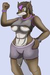  2017 abs anthro breasts brown_hair brown_skin canine clothed clothing digital_drawing_(artwork) digital_media_(artwork) female hair looking_at_viewer mammal muscular nails nipples rianaris simple_background smile solo thic thony_dog video_games warcraft were werewolf worgen yellow_eyes 
