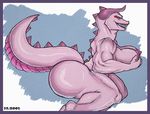  big_breasts big_butt breasts butt dr.moon_(artist) female holding_breast horn lipstick looking_at_viewer makeup mature_female muscular muscular_female nipples pink_scales scales scalie 