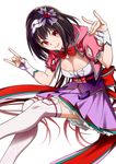  black_hair blush breasts commentary_request fate/grand_order fate_(series) fingerless_gloves fox_shadow_puppet gloves gradient_hair hairband hood japanese_clothes large_breasts long_hair looking_at_viewer multicolored_hair osakabe-hime_(fate/grand_order) red_eyes simple_background smile solo thighhighs very_long_hair white_background white_legwear yodare_(3yami8) 