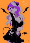  dated demon_girl demon_horns demon_tail demon_wings diana_cavendish halloween_costume happy_halloween highres horns little_witch_academia long_hair mochiro_lwa orange_background simple_background solo tail wings 