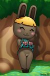  animal_crossing anthro blonde_hair blush bonbon_(animal_crossing) bottomless breasts brown_fur clitoris clothed clothing clothing_lift dress dress_lift eyes_closed female flashing flat_chested footwear fur grass hair lagomorph mammal navel nintendo no_underwear outside presenting presenting_pussy pussy rabbit revtilian smile solo standing tree video_games 