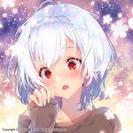  2017 blush company_name copyright_request eyebrows_visible_through_hair hekiki_riyo highres looking_at_viewer official_art open_mouth red_eyes short_hair sleeves_past_wrists solo upper_body white_hair 
