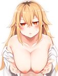  bad_id bad_pixiv_id bangs blonde_hair blush borrowed_character breasts collarbone collared_shirt commentary_request dress_shirt ear_piercing hair_between_eyes half-closed_eyes hands_up highres jitome large_breasts long_hair looking_at_viewer navel nipples open_clothes open_shirt orange_eyes original parted_lips piercing shirt sidelocks simple_background solo sweatdrop tsunekichi upper_body white_background 