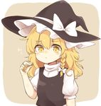  blonde_hair blush frown hat kirisame_marisa medium_hair messy_hair playing_with_own_hair puffy_short_sleeves puffy_sleeves riza_dxun short_sleeves shy solo touhou turtleneck vest wavy_hair witch_hat yellow_eyes 