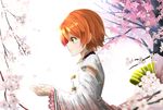  cherry_blossoms cupping_hands detached_sleeves flower frilled_sleeves frills highres hoshizora_rin love_live! love_live!_school_idol_festival love_live!_school_idol_project orange_hair orein petals profile short_hair smile solo upper_body yellow_eyes 