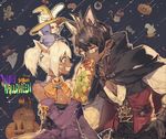  1girl animal_ears black_hair blonde_hair blue_eyes breasts cat_ears cat_tail cleavage cloak closed_eyes corset dark_skin detached_collar earrings elbow_gloves elezen elf facial_mark fake_animal_ears feeding final_fantasy final_fantasy_xiv food fox_ears gloves grin happy_halloween jewelry medium_breasts miqo'te moogle ninja_(final_fantasy) oven_mitts pigeon666 pointy_ears rimless_eyewear sabotender scar short_hair smile stuffed_animal stuffed_bunny stuffed_toy tail 