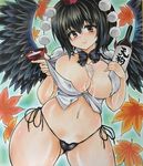  alcohol autumn_leaves bikini black_eyes black_hair blush body_blush bottle breasts bust_cup c: cleavage commentary_request covered_nipples cup curvy hat highres large_breasts looking_at_viewer micro_bikini navel open_clothes open_shirt sakazuki sake sake_bottle shameimaru_aya shirt short_hair side-tie_bikini smile solo swimsuit thick_thighs thighs tokin_hat touhou traditional_media twobee undersized_clothes wavy_mouth wide_hips wings 