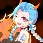  absurdly_long_hair arm_tattoo bare_shoulders blue_hair fang halloween horns jinx_(league_of_legends) league_of_legends long_hair necklace pink_eyes pointy_ears pumpkin skull tattoo twin_braids very_long_hair wink 