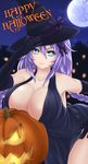 &gt;:) bent_over black_dress black_gloves blue_eyes braid breasts closed_mouth collarbone dress elbow_gloves english eyebrows_visible_through_hair full_moon gloves hair_between_eyes hand_on_headwear hand_on_hip happy_halloween hat huge_breasts jack-o'-lantern jyu_ichi light_smile lipstick long_hair makeup moon neptune_(series) night outdoors pink_lipstick power_symbol purple_heart smile solo twin_braids v-shaped_eyebrows very_long_hair watermark web_address witch_hat 