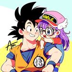  1girl ;d artist_name azu_(kirara310) baseball_cap black_eyes black_hair blue_background blue_eyes blush_stickers character_name creator_connection crossover dougi dr._slump dragon_ball dragon_ball_z eyebrows_visible_through_hair glasses happy hat looking_at_viewer norimaki_arale one_eye_closed open_mouth orange_background overalls purple_hair red_shirt shirt short_hair simple_background smile son_gokuu spiked_hair white_background winged_hat wristband 