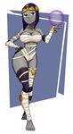  alternate_costume bandages barefoot bob_cut breasts cleavage cosplay egyptian elbow_gloves full_body gloves grey_skin highres menat menat_(cosplay) orb purple_eyes purple_hair purple_legwear raven_(dc) ravenravenraven single_thighhigh solo street_fighter street_fighter_v teen_titans thighhighs tiara 