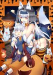  1girl age_difference animal_ears bangs biting blunt_bangs blush breasts brown_eyes detached_sleeves ear_biting elbow_gloves eyebrows_visible_through_hair fox fox_ears fox_tail gloves hair_between_eyes hair_ornament hairband hairclip halloween highres hug jack-o'-lantern japanese_clothes large_breasts long_hair looking_at_another navel night no_panties open_mouth original outdoors silver_hair sitting sukage surprised tail thighhighs 