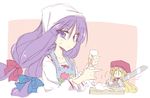  &gt;:) :/ alternate_costume alternate_headwear apron beret blonde_hair bow butter_knife cake food hair_bow hat head_scarf icing knife long_hair looking_at_viewer patchouli_knowledge pink_background purple_eyes purple_hair satou_kibi shanghai_doll simple_background sketch smile sweatdrop touhou upper_body v-shaped_eyebrows white_background |_| 