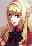  1girl absurdres bangs black_neckwear blonde_hair eyebrows_visible_through_hair grey_background gundam gundam_tekketsu_no_orphans highres kudelia_aina_bernstein long_hair looking_at_viewer parted_lips portrait red_eyes simple_background smile solo wacca 