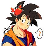  ? animal artist_name azu_(kirara310) black_eyes black_hair crab crab_on_head dougi dragon_ball dragon_ball_z expressionless eyebrows_visible_through_hair looking_up male_focus short_hair simple_background son_gokuu speech_bubble spiked_hair white_background 