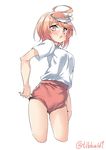  ahoge alternate_costume ass_visible_through_thighs bangs blush buruma cameltoe cowboy_shot cropped_legs ebifurya eyebrows_visible_through_hair hair_ornament highres i-58_(kantai_collection) kantai_collection looking_at_viewer open_mouth pink_eyes pink_hair school_swimsuit short_hair short_sleeves simple_background solo sweat swimsuit swimsuit_under_clothes twitter_username white_background 