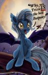  ! 2017 bat_pony blue_hair evil-dec0y fangs female friendship_is_magic fur hair hi_res horn looking_at_viewer moon my_little_pony night_sky open_mouth quote slit_pupils spread_wings star text tree trixie_(mlp) wings yellow_eyes 