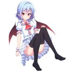  bangs blouse blue_hair blush c: closed_mouth commentary eyebrows_visible_through_hair frills hand_on_own_knee junior27016 knees_up looking_at_viewer pointy_ears purple_eyes remilia_scarlet short_hair short_sleeves simple_background sitting skirt smile solo thighhighs touhou wavy_hair white_background white_blouse white_skirt 