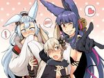  2girls \m/ animal_ears bell blush dress elbow_gloves erune fox_ears gloves granblue_fantasy grin hair_bell hair_ornament kou_(granblue_fantasy) long_hair multiple_girls one_eye_closed open_mouth red_eyes smile socie_(granblue_fantasy) toritora white_hair yuel_(granblue_fantasy) 