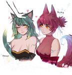  :3 animal_ears bangs bare_shoulders black_dress blush breasts bright_pupils cleavage closed_mouth cropped_arms cropped_torso dress elbow_gloves electricity eyebrows_visible_through_hair eyes_visible_through_hair facial_mark gloves green_hair hand_on_another's_head highres long_hair looking_at_another looking_at_viewer matilda_vin medium_breasts multiple_girls orange_eyes original patreon_logo patreon_username petting pink_dress pink_hair see-through short_hair signature simple_background smile striped_tail tail white_background yellow_eyes 