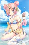  :o aruka_(alka_p1) bandaged_arm bandaged_leg bandages barefoot bikini blue_bikini blue_eyes blue_sky bubble day detached_sleeves double_bun fate/apocrypha fate/grand_order fate_(series) food frankenstein's_monster_(fate) frankenstein's_monster_(swimsuit_saber)_(fate) hair_over_one_eye headgear heterochromia highres holding holding_food horizon horn ice_cream jacket long_sleeves looking_at_viewer navel neck_ribbon ocean open_clothes open_jacket outdoors parted_lips pink_hair ribbon short_hair single_detached_sleeve sitting sky sleeves_past_wrists solo stomach strap_slip swimsuit wariza water white_ribbon yellow_eyes yellow_jacket 