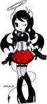  1girl alice_(bendy_and_the_ink_machine) bat_wings bendy_and_the_ink_machine black_hair black_lips breasts corset dated fishnet_legwear fishnets gloves halloween halo high_heel_boots horns skirt tail thighhighs wink 