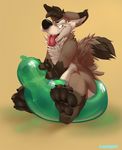  2017 4_toes anthro balloon brown_eyes brown_fur canine claws coyote digital_media_(artwork) fur green_eyes hindpaw kaomoroart male mammal open_mouth pawpads paws shiny simple_background smile solo toe_claws toes tongue tongue_out 