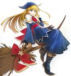  ascot bangs blonde_hair blue_dress blue_eyes blue_footwear blue_hat boots broom broom_riding capelet closed_mouth commentary dress eyebrows_visible_through_hair full_body hand_to_own_mouth hat highres light_smile long_dress long_hair long_sleeves looking_at_viewer madou_monogatari nishiide_kengorou puyopuyo red_neckwear sash sidesaddle sitting white_capelet wide_sleeves witch witch_(puyopuyo) 