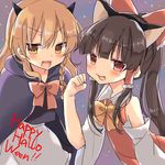  :d animal_ears bare_shoulders blonde_hair blush bow bowtie brown_hair cape cat_ears commentary detached_sleeves fang fangs hair_bow hakurei_reimu halloween halloween_costume happy_halloween highres horns kirisame_marisa large_bow long_hair multiple_girls no_hat no_headwear open_mouth paw_pose ponytail red_eyes smile touhou v-shaped_eyebrows yellow_eyes yorurumo 