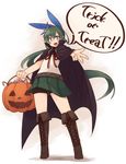  :d bike_shorts blue_bow blue_eyes boots bow cape eyebrows_visible_through_hair fangs flower full_body green_hair hair_between_eyes hair_bow hair_flower hair_ornament halloween halloween_basket halloween_costume kaginoni long_hair looking_at_viewer open_mouth original selenoah shorts shorts_under_skirt simple_background skirt smile solo standing trick_or_treat very_long_hair white_background 