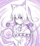  animal_ears argyle bangs bare_shoulders beads bell bell_collar cat_ears cat_tail collar detached_collar eyebrows_visible_through_hair hair_beads hair_between_eyes hair_ornament holding japanese_clothes kemonomimi_mode kimono long_hair long_sleeves looking_at_viewer mahcdai monochrome original parted_lips paws rum_ialis sidelocks slit_pupils solo tail upper_body 