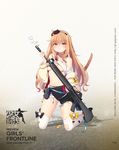  :t ass_visible_through_thighs assault_rifle blonde_hair blush breasts brown_background cat_tail character_name closed_mouth copyright_name damaged detached_sleeves fang full_body girls_frontline gradient gradient_background gun hair_ribbon headband highres kneeling lifted_by_self light_brown_hair long_sleeves looking_at_viewer medium_breasts official_art orange_hair philomelalilium pouch pout red_eyes ribbon rifle shirt shirt_lift stomach sweater t65_(girls_frontline) tail tearing_up tears thighhighs torn_clothes torn_shirt underboob weapon white_legwear 
