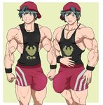  2boys abs bara blue_eyes brothers bulge cap freckles green_hair grin looking_at_viewer lostanemone male_focus multiple_boys muscle nipples open_mouth pecs shirt shorts teeth twins 