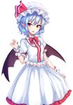  blouse blue_hair blush commentary cowboy_shot demon_wings fang frills hand_up hat highres junior27016 looking_at_viewer mob_cap open_mouth pointy_ears puffy_short_sleeves puffy_sleeves red_eyes remilia_scarlet short_hair short_sleeves simple_background skirt smile solo touhou tsurime wavy_hair white_background white_blouse white_skirt wings 