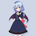  absurdres alternate_color bat_wings black_dress blue_background blue_hair cowboy_shot dress fang finger_to_mouth frilled_dress frills highres index_finger_raised junior27016 lolita_fashion neck_ribbon open_mouth pointy_ears puffy_short_sleeves puffy_sleeves red_eyes red_ribbon remilia_scarlet ribbon short_sleeves solo touhou wings wrist_cuffs 