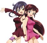  2girls :d back-to-back bangs bare_shoulders black_hair blush breasts brown_eyes brown_hair choker dress duel_masters hair_between_eyes hand_holding long_hair long_sleeves looking_at_viewer manaka_sayuki medium_breasts multiple_girls open_mouth outstretched_arm pink_dress purple_dress short_dress simple_background single_sleeve sleeveless sleeveless_dress smile tasogare_mimi thigh_pouch trg-_(sain) very_long_hair white_background yellow_eyes 