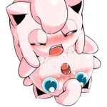  blush cum cum_covered cyan_eyes excessive_cum eyes_closed hair_tuft jigglypuff lying male messy missionary_position nintendo on_back open_mouth pink_body plain_background pok&#233;mon pokemon sex soragasa504 sweat video_games white_background 