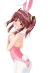  animal_ears ass bad_anatomy bow bowtie breasts brown_eyes brown_hair bunny_ears bunny_tail bunnysuit cowboy_shot detached_collar from_behind highres idolmaster idolmaster_cinderella_girls leotard long_hair looking_at_viewer ogata_chieri pantyhose pink_leotard pink_neckwear sideboob simple_background small_breasts solo strapless strapless_leotard tail twintails u2_(5798239) white_background white_legwear wrist_cuffs 